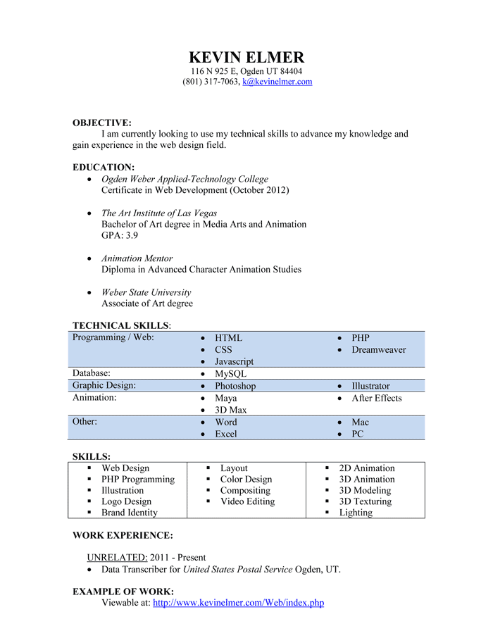 Kevin Elmer's Animation Resume